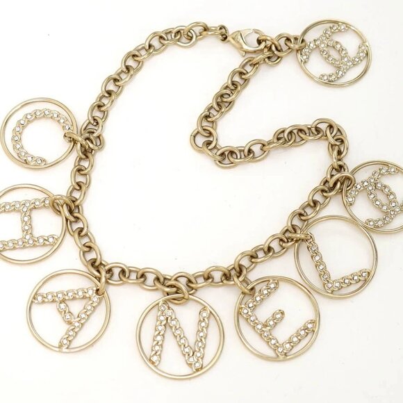 CHANEL CC Logos Charm Rhinestone Choker Necklace 18" Gold Tone B19P Auth w/Box - Picture 1 of 6